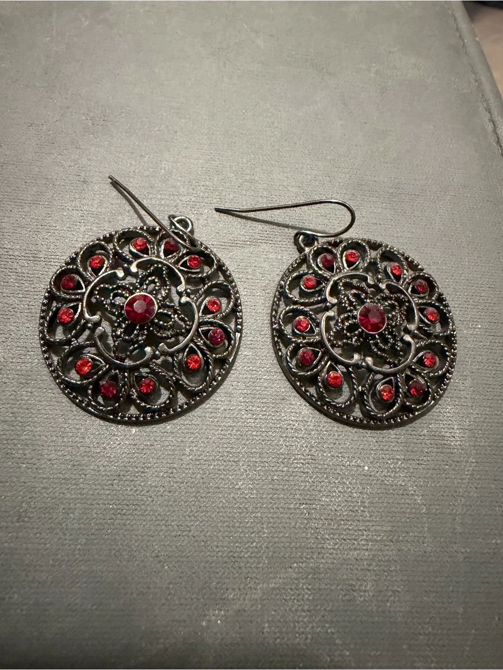Classic Filigree Drop Earrings with Red Stones